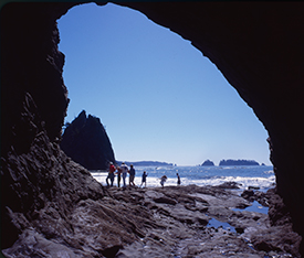 Sea stacks seen through a sea cave